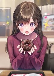 Rule 34 | 1girl, :o, amagi shino, artist name, bag, blush, brown hair, casual, commentary request, doughnut, eating, excited, eyelashes, food, happy, highres, holding, holding food, long hair, open mouth, original, purple eyes, receptionist girl (amagi shino), signature, sitting, solo, sparkle, sparkling eyes