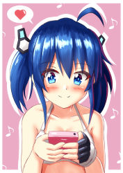 Rule 34 | 1girl, ahoge, bare shoulders, bikini, black gloves, blue eyes, blue hair, closed mouth, collarbone, commentary request, eighth note, fingerless gloves, gloves, hair between eyes, hair ornament, heart, highres, holding, musical note, original, pink background, prophosphere, single glove, smile, solo, spoken heart, swimsuit, twintails, two-tone background, upper body, white background, white bikini