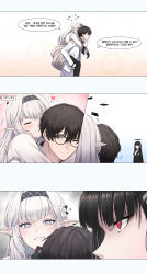 Rule 34 | 1boy, 2girls, :d, absurdres, black coat, black eyes, black hair, blue archive, blunt bangs, carrying, coat, comic, commentary request, flower, glasses, grey eyes, grey hair, hair between eyes, hair flower, hair ornament, halo, heart, highres, himari (blue archive), id card, junu (jwoo5627), korean commentary, korean text, long hair, long sleeves, looking at another, mole, mole under eye, multiple girls, open mouth, parted bangs, piggyback, pleated skirt, pointy ears, red eyes, rio (blue archive), school uniform, sensei (blue archive), sidelocks, skirt, smile, smug, spoken heart, sweater, translation request, turtleneck, turtleneck sweater