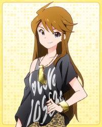 Rule 34 | 10s, 1girl, blue eyes, bracelet, brown hair, casual, clothes writing, female focus, hand on own hip, idolmaster, idolmaster million live!, jewelry, kawakami tetsuya, long hair, looking at viewer, necklace, official art, smile, smirk, solo, tokoro megumi