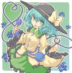 Rule 34 | 1girl, black hat, breasts, buttons, collared shirt, commentary request, corded phone, frilled shirt, frilled shirt collar, frilled skirt, frills, green eyes, green hair, green skirt, hair between eyes, hat, hat ribbon, highres, holding, holding phone, komeiji koishi, long sleeves, medium hair, open mouth, phone, ribbon, shirt, skirt, small breasts, smile, solo, touhou, yamasina009, yellow ribbon, yellow shirt