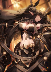 Rule 34 | 1girl, bare shoulders, black dress, black gloves, blush, breasts, brown hair, cleavage, dress, elbow gloves, fate/apocrypha, fate/grand order, fate (series), fur trim, genyaky, gloves, gold trim, highres, large breasts, long hair, looking at viewer, navel, pointy ears, semiramis (fate), sidelocks, slit pupils, spikes, very long hair, yellow eyes
