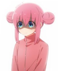 Rule 34 | 1girl, alternate hairstyle, atu, blue eyes, blush, bocchi the rock!, closed mouth, commentary request, double bun, gotoh hitori, hair between eyes, hair bun, hair ornament, hair over eyes, highres, jacket, pink hair, pink jacket, pink track suit, shaded face, sidelocks, simple background, solo, track jacket, twitter username, upper body, white background