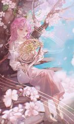 Rule 34 | 1girl, :d, absurdres, bare shoulders, bench, blue sky, blurry, blush, braid, cherry blossoms, clothing cutout, day, depth of field, dress, falling petals, flower, french horn, full body, hair flower, hair ornament, harp, high heels, highres, holding, holding instrument, in tree, instrument, leaf, lie lack1080, long hair, long sleeves, music, ootori emu, open mouth, outdoors, petals, pink dress, pink eyes, pink flower, pink hair, pink skirt, pink theme, playing instrument, project sekai, puffy long sleeves, puffy sleeves, shoulder cutout, sitting, sitting in tree, skirt, sky, smile, solo, teeth, tree, upper teeth only, white footwear