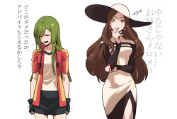 Rule 34 | 2girls, ace trainer (pokemon), beauty (pokemon), black choker, black gloves, black skirt, brown hair, choker, closed eyes, collarbone, commentary request, creatures (company), dress, earrings, eyelashes, fingerless gloves, game freak, gloves, green eyes, green hair, hat, highres, jacket, jewelry, korean commentary, long hair, looking at viewer, multiple girls, nail polish, nintendo, off-shoulder dress, off shoulder, open clothes, open jacket, pokemon, pokemon masters ex, pokemon oras, red jacket, redlhzz, shirt, skirt, translation request, white background, white headwear, white shirt