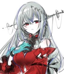 Rule 34 | 1girl, aqua gloves, arknights, ascot, bare shoulders, black ascot, breasts, detached sleeves, dress, female focus, gloves, grey hair, hand on own chest, headgear, highres, medium breasts, misago33695466, no headwear, no headwear, official alternate costume, red dress, red eyes, red sleeves, simple background, skadi (arknights), skadi the corrupting heart (arknights), sketch, solo, upper body, white background