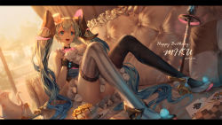 Rule 34 | 1girl, :d, asymmetrical footwear, asymmetrical legwear, bare shoulders, black footwear, black thighhighs, blue eyes, blue hair, blue vest, blurry, blurry background, breasts, cake, cake slice, card, character name, club (shape), commentary request, couch, cup, dated, depth of field, food, gloves, hair between eyes, hair ornament, hand up, happy birthday, hat, hatsune miku, highres, holding, holding cup, indoors, ji dao ji, knees up, letterboxed, long hair, magical mirai miku, magical mirai miku (2019), microphone, mini hat, mini top hat, mismatched footwear, mismatched legwear, on couch, open mouth, pillow, playing card, saucer, shirt, shoes, sitting, small breasts, smile, solo, spade (shape), striped clothes, striped thighhighs, teapot, thighhighs, tilted headwear, top hat, twintails, vertical-striped clothes, vertical-striped thighhighs, very long hair, vest, vocaloid, white footwear, white gloves, white hat, white shirt