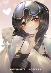 Rule 34 | 1girl, absurdres, animal, apron, arknights, bielin, black apron, black hair, blush, character name, closed mouth, copyright name, finger to cheek, fish, goggles, goggles on head, heart, highres, index finger raised, long sleeves, looking at viewer, otter, red eyes, roberta (arknights), shirt, short hair, smile, solo, upper body, white shirt