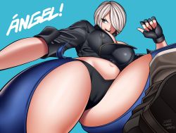 Rule 34 | 1girl, absurdres, action, angel (kof), belly, belt, black panties, blue background, blue eyes, boots, cameltoe, chaps, close-up, collared jacket, denim, english text, exposed torso, feet out of frame, fingerless gloves, gloves, hair over one eye, highres, jacket, jeans, kansu kansu, leather, leather gloves, leather jacket, midriff, open pants, panties, pants, snk, the king of fighters, underwear, unzipped, white hair