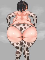 Rule 34 | 1girl, animal ears, animal print, armpits, ass, backboob, bare shoulders, black hair, blush, breasts, choker, closed mouth, cow ears, cow horns, cow print, elbow gloves, embarrassed, female focus, freckles, from behind, gloves, groin, highres, horns, indie virtual youtuber, itou life (vtuber), large breasts, leaning forward, legs, looking back, matsunoda you, panties, simple background, solo, standing, steaming body, thigh gap, thighhighs, thighs, topless, twintails, underwear, virtual youtuber, yellow eyes