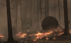 Rule 34 | 1girl, brown hair, fire, forest, from side, hood, hoodie, long hair, miniskirt, nature, ponytail, skirt, smoke, snatti, solo, orb, standing, tree, wood