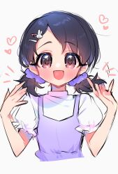 Rule 34 | 1girl, adachi (nogami nono), black hair, blush, cropped torso, dress, heart, highres, idolmaster, idolmaster cinderella girls, looking at viewer, parted bangs, pinafore dress, puffy short sleeves, puffy sleeves, purple dress, sasaki chie, shirt, short sleeves, short twintails, simple background, sleeveless, sleeveless dress, smile, solo, twintails, upper body, white background, white shirt