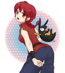 Rule 34 | 1girl, ass, blush, braid, breasts, chinese clothes, commentary request, genderswap, genderswap (mtf), long hair, looking at viewer, open mouth, p-chan, ranma-chan, ranma 1/2, red hair, saotome ranma, shie (jackmarumaru), simple background, single braid, tangzhuang, white background, wristband