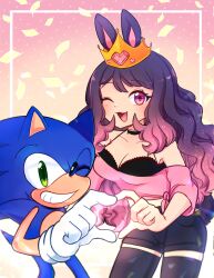Rule 34 | 1boy, 1girl, :3, absurdres, animal ears, black camisole, black choker, black hair, black shorts, breasts, camisole, choker, cleavage, commentary, furry, furry male, gradient hair, green eyes, grin, heart, heart hands, heart hands duo, highres, indie virtual youtuber, long hair, medium breasts, midriff, mimiipyon, multicolored hair, off-shoulder shirt, off shoulder, one eye closed, open mouth, pepon (vtuber), pink eyes, pink hair, purple hair, rabbit ears, shirt, short shorts, shorts, smile, sonic (series), sonic the hedgehog, spaghetti strap, tiara, tied shirt, virtual youtuber, wavy hair