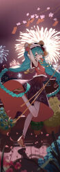 Rule 34 | 1girl, absurdres, aerial fireworks, aqua eyes, aqua hair, arm up, blurry, braid, chinese new year, closed mouth, commentary request, depth of field, dress, fingerless gloves, fireworks, full body, gloves, hatsune miku, highres, long sleeves, looking at viewer, looking back, ly.t, mouth hold, neck ribbon, night, outdoors, red dress, red footwear, red gloves, ribbon, shoes, sky, smile, solo, standing, standing on one leg, star (sky), starry sky, twin braids, twintails, vocaloid, yellow ribbon