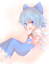 Rule 34 | 1girl, blue eyes, blue hair, cirno, hair ribbon, ice, ice wings, matching hair/eyes, pointing, pointing at viewer, ribbon, shize (coletti), solo, touhou, wings