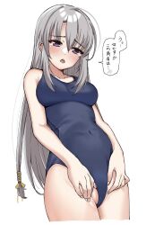 Rule 34 | 1girl, ahoge, ayachi nene, bare arms, blue one-piece swimsuit, blush, breasts, cameltoe, collarbone, commentary request, covered clitoris, covered navel, cowboy shot, curvy, embarrassed, eyelashes, from below, grey hair, hair between eyes, hair ribbon, highleg, highleg swimsuit, highres, huge ahoge, large breasts, long hair, looking down, one-piece swimsuit, open mouth, partially visible vulva, purple eyes, ribbon, sanoba witch, sidelocks, simple background, solo, speech bubble, straight hair, swimsuit, teeth, tft (tft7822), translated, tsurime, upper teeth only, very long hair, white background, yellow ribbon