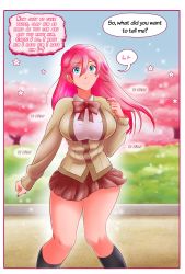 Rule 34 | absurdres, blue eyes, blush, breasts, cherry blossoms, confession, fingernails, gender request, genderswap, heartbeat, highres, large breasts, nail polish, pink hair, ribbon, school, school uniform, skirt, solo, themightfenek, thick thighs, thighs, tsundere
