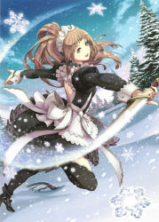 Rule 34 | 1girl, apron, blue eyes, brown hair, dagger, felicia (fire emblem), fire emblem, fire emblem cipher, fire emblem fates, haccan, highres, ice, knife, long hair, maid, maid apron, maid headdress, nintendo, official art, open mouth, ponytail, snow, snowing, solo, tree, weapon