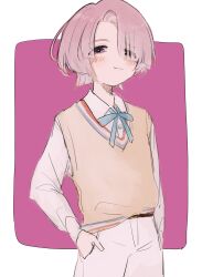 Rule 34 | 1girl, arimura mao, blush, gakuen idolmaster, hair over one eye, hand in pocket, highres, idolmaster, looking at viewer, nana hen, neck ribbon, pants, pink hair, ribbon, shirt, short hair, simple background, sketch, smile, solo, sweater vest, two-tone background, white pants, white shirt, yellow sweater vest