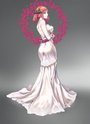 Rule 34 | 1girl, blue eyes, breasts, crossed arms, dress, from side, full body, go-toubun no hanayome, grey background, highres, jim dez, long dress, long hair, medium breasts, nakano nino, off-shoulder dress, off shoulder, open mouth, pink hair, profile, sideboob, solo, standing, wedding dress, white dress