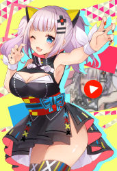 Rule 34 | 1girl, ;3, ;d, armpits, bare shoulders, black dress, blush, breasts, cleavage, cleavage cutout, clothing cutout, commentary request, dress, fingernails, hair ornament, kaguya luna, large breasts, looking at viewer, nail art, natsuki (ukiwakudasai), obi, one eye closed, open mouth, outstretched arm, pixelated, sash, sidelocks, silver hair, sleeveless, sleeveless dress, smile, solo, the moon studio, thighhighs, twintails, virtual youtuber