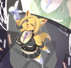 Rule 34 | 1girl, belt, between breasts, black shirt, black skirt, blonde hair, blush, breasts, bright pupils, brown eyes, buttons, commentary request, emphasis lines, full body, furry, furry female, garter straps, gloves, holding, holding microphone, idol, index finger raised, lets0020, looking at viewer, microphone, necktie, necktie between breasts, one-hour drawing challenge, one eye closed, open mouth, original, pleated skirt, purple necktie, screen, shirt, short hair, skirt, skirt set, sleeveless, sleeveless shirt, smile, solo, spotlight, stage, standing, thighhighs, translation request, white belt, white gloves, white pupils, white thighhighs
