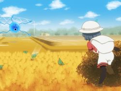 Rule 34 | 10s, 2girls, animal ears, backpack, bad end, bag, beige shorts, black hair, black legwear, blonde hair, blue sky, bucket hat, bush, cellien (kemono friends), day, failure, feathers, from behind, gate, grass, hat, hiding, kaban (kemono friends), kemono friends, motion lines, multiple girls, one-eyed, pantyhose, paper airplane, red shirt, scared, serval, serval (kemono friends), serval tail, shirosato, shirt, short sleeves, skirt, sky, solo focus, tail, tree