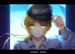 Rule 34 | 1girl, adjusting clothes, adjusting headwear, animification, black hat, blonde hair, bright pupils, five nights at freddy&#039;s, five nights at freddy&#039;s: security breach, green eyes, guard, hat, himuhino, letterboxed, light, long sleeves, looking at viewer, security guard, shirt, smile, solo, uniform, vanessa (fnaf)
