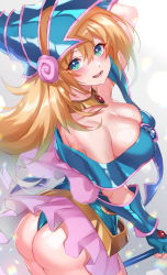 Rule 34 | 1girl, ass, bare shoulders, blonde hair, blue eyes, blue gloves, bracer, breasts, cleavage, collar, collarbone, cowboy shot, dark magician girl, fingerless gloves, from behind, gloves, gradient background, grey background, hair between eyes, hat, highres, hikari (komitiookami), large breasts, long hair, looking at viewer, looking back, microskirt, open mouth, pink skirt, pleated skirt, skindentation, skirt, smile, solo, staff, standing, witch hat, yu-gi-oh!, yu-gi-oh! duel monsters