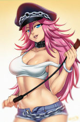 Rule 34 | 1girl, blue eyes, blue shorts, breasts, chain, cleavage, collar, cuffs, denim, denim shorts, final fight, hat, jewelry, large breasts, lips, lipstick, long hair, makeup, nail polish, necklace, off shoulder, peaked cap, pink hair, pink nails, poison (final fight), riding crop, short shorts, shorts, simple background, solo, strap slip, studded collar, tank top