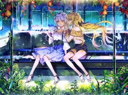 Rule 34 | 2girls, ahoge, arm up, bench, black bow, black footwear, black shorts, blonde hair, blue dress, blue eyes, bow, bug, butterfly, butterfly on hand, closed mouth, commentary, commission, dress, earrings, english commentary, flower, hair bow, hayanse, high heels, insect, jewelry, long hair, long sleeves, looking at viewer, multiple girls, off-shoulder shirt, off shoulder, on bench, orange flower, original, pink eyes, plant, pleated skirt, profile, shirt, shorts, silver hair, sitting, skirt, smile, suspenders, train interior, underbust, very long hair, white shirt, window