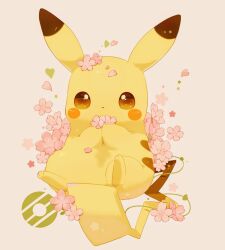 Rule 34 | brown eyes, commentary request, covering own mouth, creatures (company), flower, game freak, gen 1 pokemon, heart, holding, holding flower, looking at viewer, nintendo, no humans, petals, pikachu, pink flower, pokemon, pokemon (creature), solo, ushiina, white background