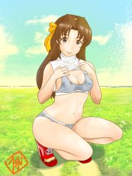 Rule 34 | 1girl, absurdres, bare legs, breasts, brown eyes, brown hair, buruma, cleavage, clothes lift, cloud, commentary request, day, felniam, grass, hair ribbon, highres, long hair, looking at viewer, navel, original, outdoors, red footwear, ribbon, shirt, shirt lift, shoes, signature, sky, sleeveless, sleeveless shirt, sleeveless turtleneck, small breasts, sports bra, sportswear, squatting, stomach, sweat, sweat stain, sweaty clothes, tongue, tongue out, turtleneck, very sweaty, yellow ribbon