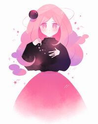 Rule 34 | 1girl, black sweater, blush, closed mouth, commentary request, cowboy shot, dot nose, expressionless, fading, hand on own chest, long hair, long sleeves, looking at viewer, motion lines, nahara saki, orbital path, orbited, original, pink eyes, pink hair, pink skirt, simple background, skirt, solo, standing, star (symbol), sweater, turtleneck, turtleneck sweater, unfinished, white background