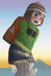 Rule 34 | 1girl, backpack, bag, beanie, between legs, black pantyhose, blue skirt, blush, bottle, breath, brown eyes, brown hair, crying, embarrassed, female focus, flat chest, gradient background, green jacket, hand between legs, hat, have to pee, highres, jacket, japanese text, long sleeves, miniskirt, mountain, nannyou dojin, nose blush, open mouth, original, outdoors, own hands together, pantyhose, peeing, peeing self, short hair, skirt, sky, solo, standing, steam, sun, sunrise, tears, teeth, translation request, v arms, wet, wet clothes, zipper pull tab