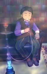 Rule 34 | 1boy, black hair, bookshelf, bow, bowtie, brown vest, buttons, closed eyes, commentary request, couch, creatures (company), facial hair, game freak, grin, highres, holding, hookah, indoors, laventon (pokemon), long sleeves, male focus, neocerapaima, nintendo, pants, pokemon, pokemon legends: arceus, purple shirt, rug, shirt, shoes, short hair, sitting, smile, smoke, socks, solo, sparkle, teeth, vest