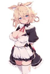 Rule 34 | 1girl, absurdres, animal ears, blonde hair, blue eyes, blush, braid, breasts, cleavage, commentary request, dress, hair between eyes, haruyuki (yukichasoba), highres, looking at viewer, original, simple background, smile, solo, thighhighs, white background, white thighhighs