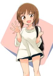 Rule 34 | 1girl, :d, absurdres, backpack, bag, barashiya, black shorts, blush, brown eyes, brown hair, casual, clenched hand, commentary, girls und panzer, highres, light blush, long sleeves, looking at viewer, nishizumi miho, open mouth, pink background, shadow, shirt, short hair, short shorts, shorts, smile, solo, standing, t-shirt, waving, white shirt