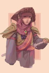 1girl absurdres armor blue_eyes blue_robe breastplate chin_strap closed_mouth cropped_torso expressionless facial_hair hand_on_hilt hat highres jewelry long_sleeves looking_at_viewer necklace notfuji original pauldrons pink_lips purple_hat purple_scarf robe scarf shoulder_armor solo