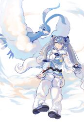 Rule 34 | 1girl, absurdres, altaria, bare shoulders, beekan, blue gloves, boots, bright pupils, closed mouth, cloud, commentary request, creatures (company), detached sleeves, dress, flying miku (project voltage), game freak, gen 3 pokemon, gloves, grey hair, hair over one eye, hatsune miku, highres, holding, holding poke ball, knee boots, long hair, looking at viewer, multicolored hair, nintendo, on cloud, one eye covered, poke ball, poke ball (basic), pokemon, pokemon (creature), pom pom (clothes), project voltage, see-through, see-through skirt, see-through sleeves, sidelocks, single glove, sitting, skirt, sleeveless, sleeveless dress, thighhighs, twintails, two-tone hair, very long hair, vocaloid, white dress, white footwear, white hair, white thighhighs
