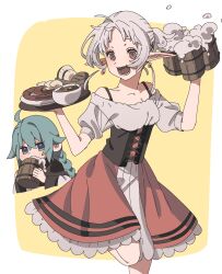 Rule 34 | 2girls, :d, alcohol, barmaid, beer, beer mug, blue eyes, blue hair, bread, cl5hhuq2, cup, dirndl, dress, drinking, elf, foam, food, german clothes, highres, holding, mug, multiple girls, mushoku tensei, open mouth, pointy ears, ponytail, red eyes, roxy migurdia, sausage, smile, sylphiette (mushoku tensei), tray, white hair