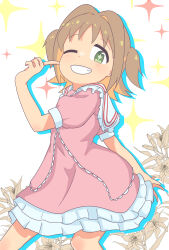 Rule 34 | + +, 1girl, absurdres, bare arms, brown hair, colored inner hair, commentary, dress, fang, flower, green eyes, grin, hair intakes, highres, looking at viewer, multicolored hair, namari siro, oka asahi, one eye closed, onii-chan wa oshimai!, orange hair, pink dress, pointing, pointing at self, puffy short sleeves, puffy sleeves, short sleeves, smile, solo, sparkle, teeth, two-tone hair, two side up