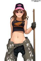 Rule 34 | 1girl, arm behind back, baseball cap, belt, black gloves, broom, brown eyes, brown hair, buckle, clothes writing, cowboy shot, gloves, hat, holding, looking at viewer, midriff, navel, original, ryu (ryu&#039;s form site), simple background, sleeveless, solo, standing, tank top, white background