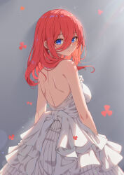 Rule 34 | 1girl, absurdres, arms at sides, back, backless dress, backless outfit, backlighting, bare shoulders, blue eyes, blush, breasts, brown hair, closed mouth, commentary, cowboy shot, dress, earrings, falling flower, frilled dress, frills, go-toubun no hanayome, grey background, hair over one eye, hair over shoulder, head tilt, highres, jewelry, large breasts, lens flare, light particles, lips, long hair, looking at viewer, looking back, mixed-language commentary, nakano miku, official alternate costume, sideboob, simple background, sleeveless, sleeveless dress, smile, solo, standing, wedding dress, white dress, xiayou sieg