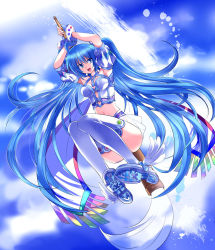 Rule 34 | 1girl, bad id, bad pixiv id, blue eyes, blue hair, long hair, matching hair/eyes, open mouth, pencil, pico (picollector79), pixiv, pixiv-tan, skirt, sky, smile, solo, thighhighs, twintails, very long hair, water