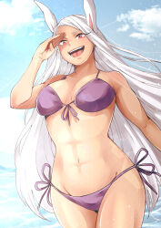 Rule 34 | 1girl, :d, abs, absurdres, animal ears, bikini, blue sky, boku no hero academia, breasts, cloud, dark-skinned female, dark skin, front-tie bikini top, front-tie top, hand on own face, hand up, highres, kingcoco5963, large breasts, long eyelashes, long hair, looking at viewer, mirko, navel, open mouth, outdoors, parted bangs, purple bikini, rabbit ears, rabbit girl, red eyes, side-tie bikini bottom, sky, smile, solo, stomach, swimsuit, thighs, toned female, very long hair, water, white hair