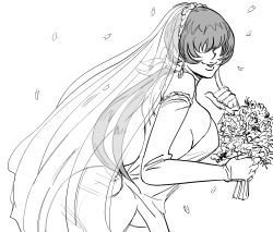 Rule 34 | 1girl, bb (baalbuddy), bouquet, breasts, bridal veil, bride, dress, earrings, elbow gloves, female focus, finger to cheek, flower, gloves, greyscale, hair over eyes, highres, jewelry, large breasts, long hair, low ponytail, monochrome, petals, shermie (kof), side slit, sideboob, sketch, solo, split ponytail, strapless, strapless dress, the king of fighters, veil, wedding dress