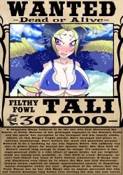 Rule 34 | 1girl, blush, english text, covered erect nipples, feathers, harpy, highres, mhfap, monster girl, punishedkom, purple eyes, tali (mhfap), wall of text, wanted poster