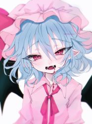 Rule 34 | 1girl, :d, bat wings, blood, blood from mouth, blood on clothes, blue hair, blush, collared shirt, fangs, hat, hat ribbon, highres, long sleeves, looking at viewer, medium hair, mob cap, narrowed eyes, neck ribbon, open mouth, pink eyes, pointy ears, remilia scarlet, renakobonb, ribbon, shirt, signature, slit pupils, smile, solo, thick eyebrows, touhou, vampire, wings